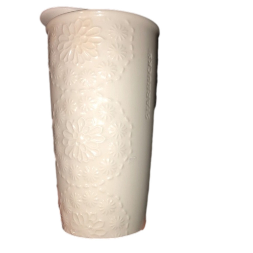 𝅺starbucks White Floral Bridal Lace Embossed Double Wall Ceramic Tumbler 10 oz